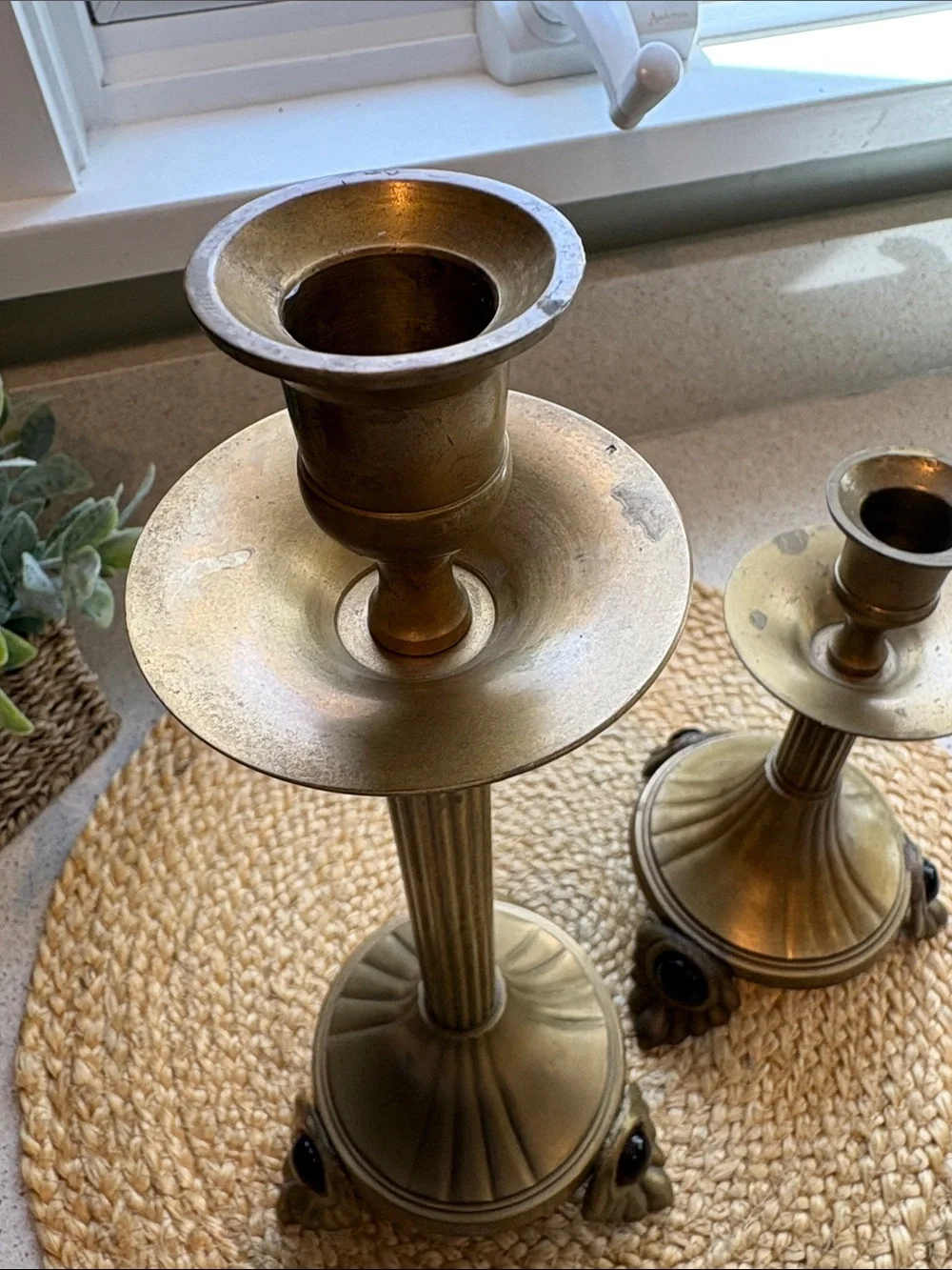 Pair of Vintage Brass Candlesticks Leaf Footed w/ Ruby Colored Gemstone